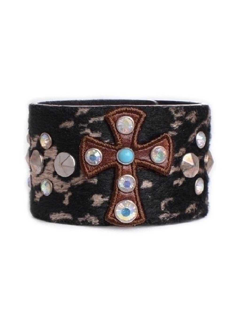 Leopard Print Cuff Bracelet with Turquoise Cross Accent - Black